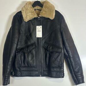 Zara Black Leather Jacket with Tan Faux Fur Collar